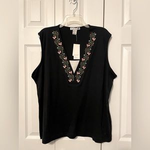 NWT Katie’s Kloset Black Sleeveless Layered Top w/Embroidered Flowers Size 2X